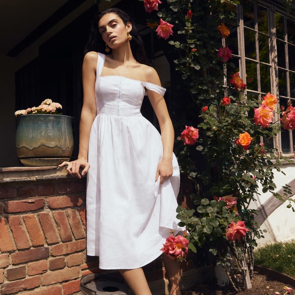 Reformation 10 Tagliatelle White Linen Dress Midi